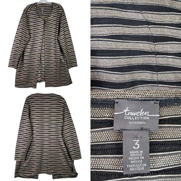 Chicos Travelers Cardigan Women's Size 3 US XL Stripe Long Sleeve Black Stripe - Picture 1 of 6